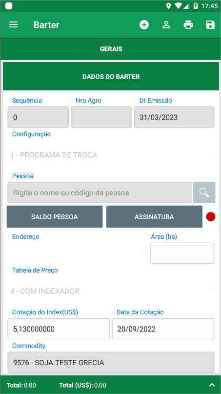 Tela de Barter do aplicativo de CRM da VIASOFT