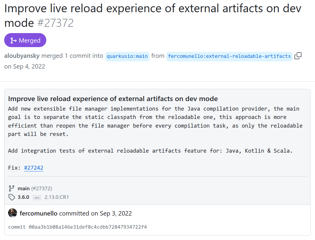 Merged Quarkus PR #27372: Improve live reload experience of external artifacts on dev mode